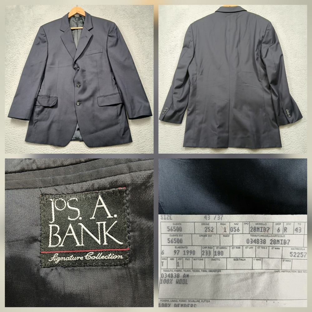 Jos A Bank Signature Collection Men's Blazer 43R Navy‎ 100% Wool Two-Button